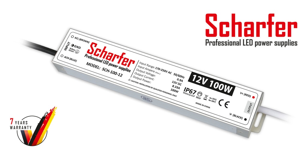 Блок живлення 12 вольт 100Вт 8,33А SCH-12-100 герметичний IP67 Professional LED power supplies Scharfer
