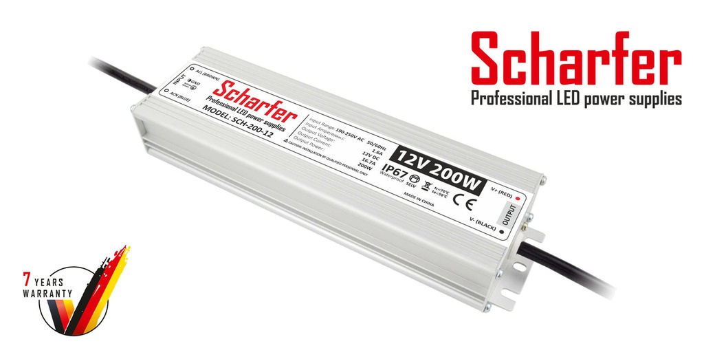 Блок живлення 12 вольт 200Вт 16,67А SCH-12-200 герметичний IP67 Professional LED power supplies Scharfer